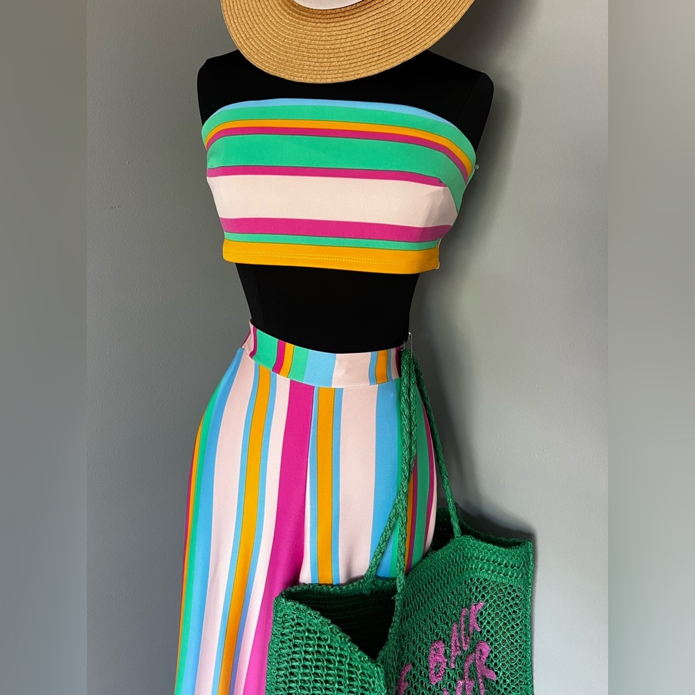 NWT Multicolor Striped Stretch 2pc High Waist Pant Set